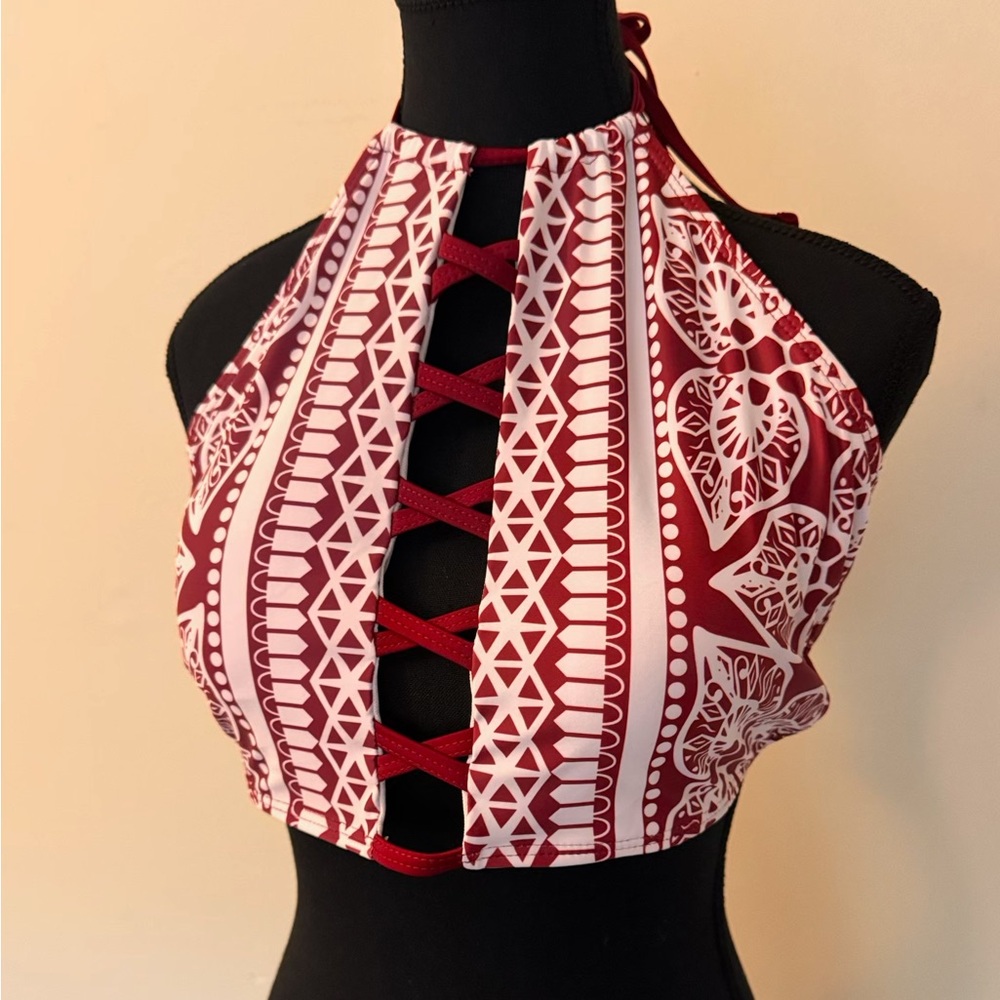 Red and White Patterned Halter Bikini Top